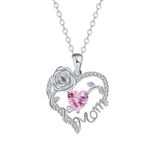 Silver Mom heart rose pendant - October - Pink