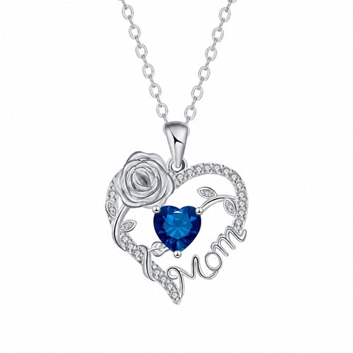 Silver Mom heart rose pendant - September - Deep Blue