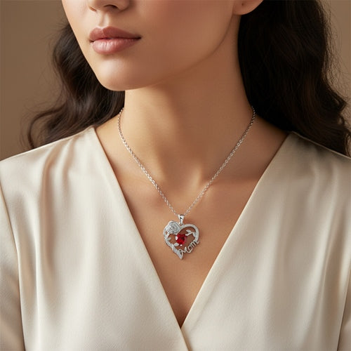 Model wearing a silver Mom heart rose necklace