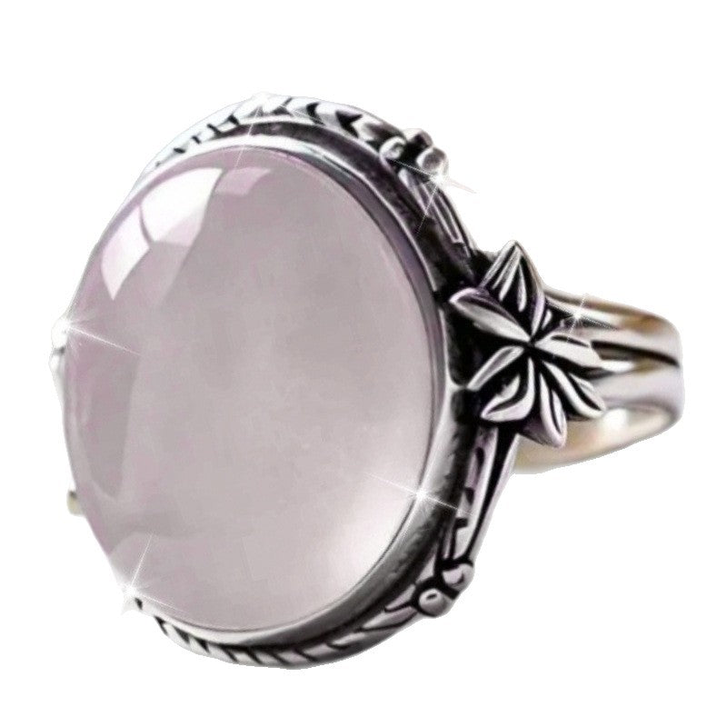 Silver Moonlit Bloom Ring with oval pale moonstone and floral details