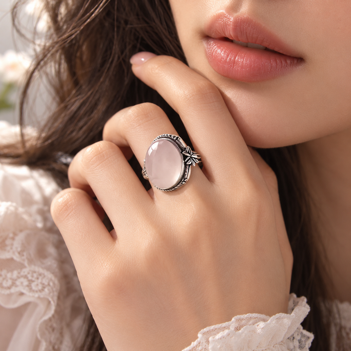 Model wearing the silver Moonlit Bloom Ring