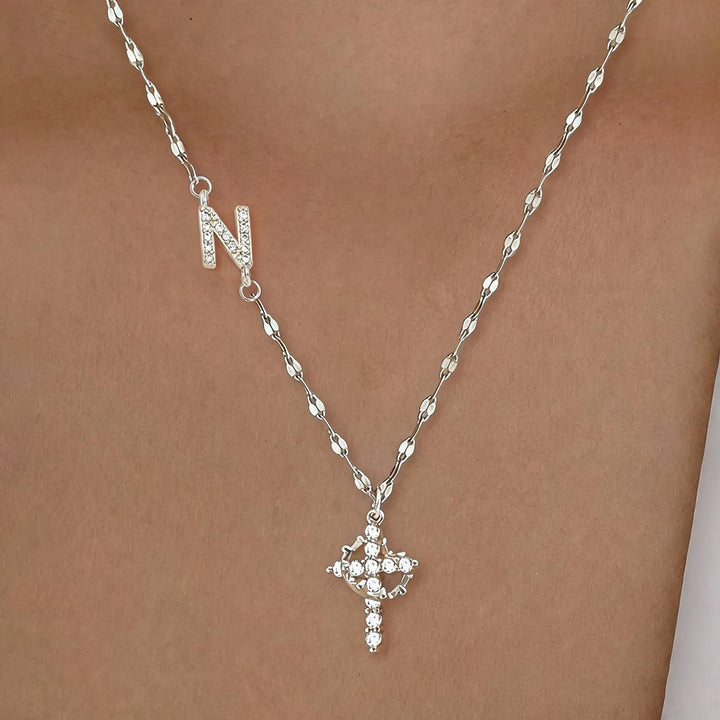 Initial Cross Zircon Pendant Necklace