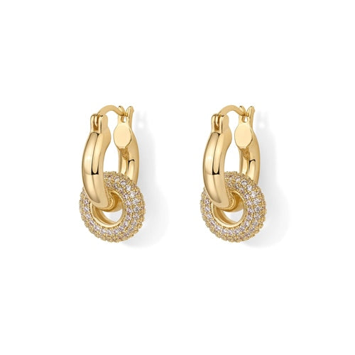Pair of gold pave halo drop hoop earrings