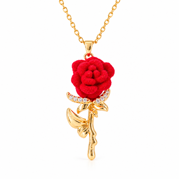 Red velvet rose pendant with gold stem and zircon accents